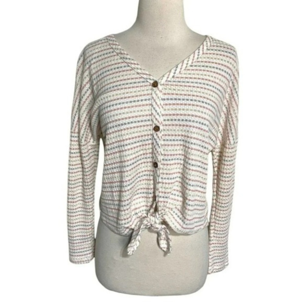 Paper Crane Waffle Knit Cardigan Small Cream Striped Tie Front Button Top‎
